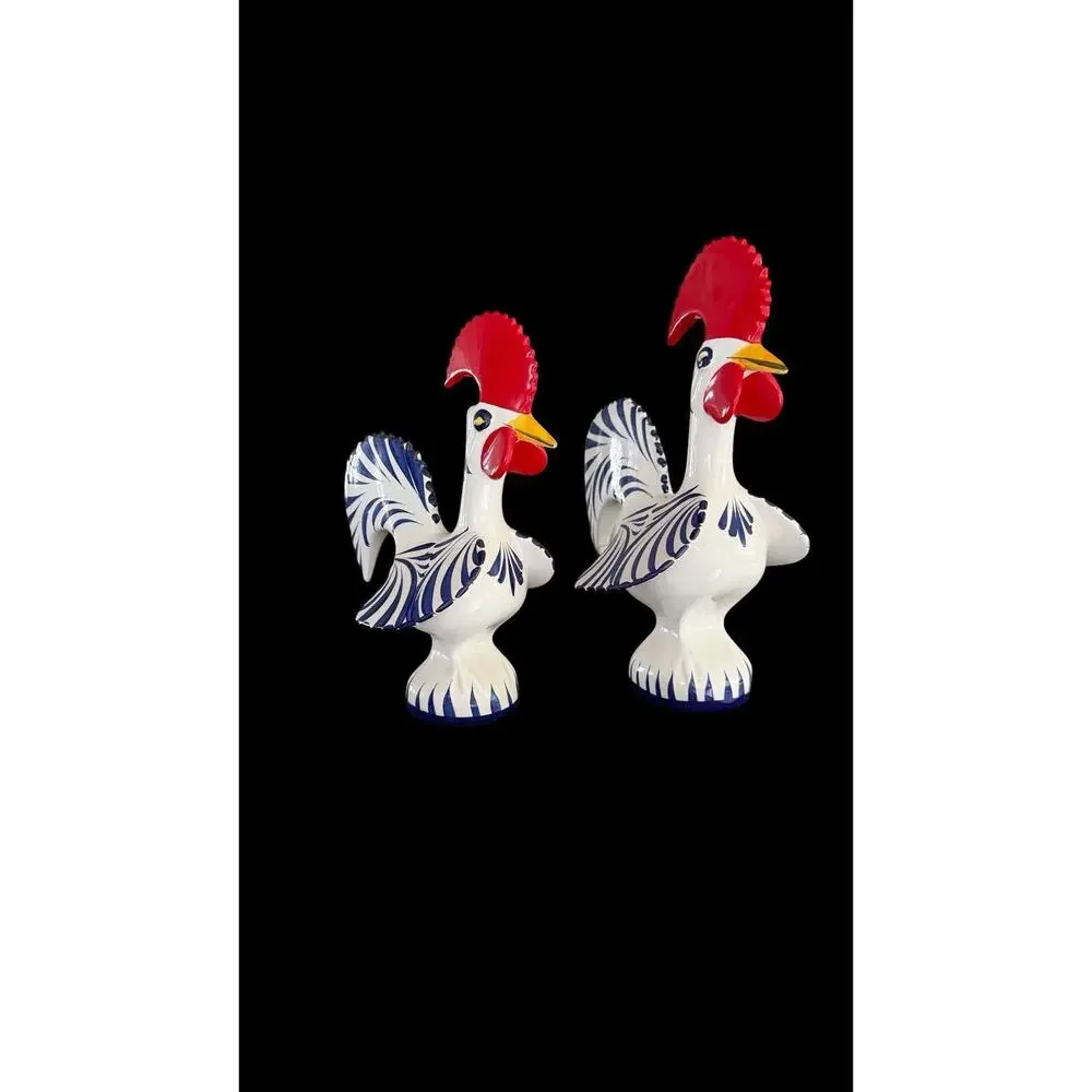 2 Roosters Of Barcelos Trust & Good Luck Figurines Hand Painted Portugal *FLAW*